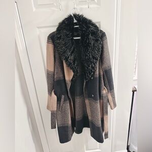 Paul Costelloe Wool Blend Plaid Coat w/ Faux Fur Collar | Size L